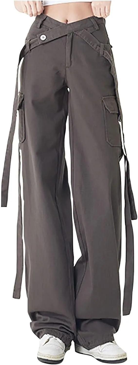 Teen Girls Y2k Cargo Pants Straight Wide Leg Baggy Joggers Fold-Over Waist Stylish Hip Hop Streetwear Hiking Pants