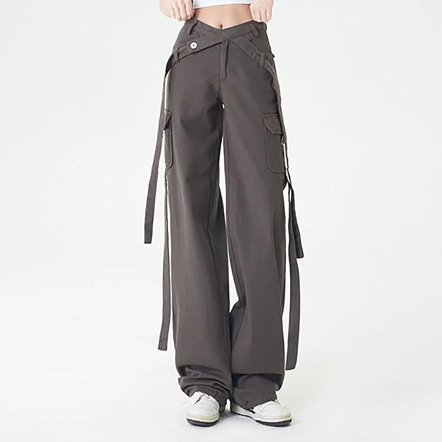 Teen Girls Y2k Cargo Pants Straight Wide Leg Baggy Joggers Fold-Over Waist Stylish Hip Hop Streetwear Hiking Pants