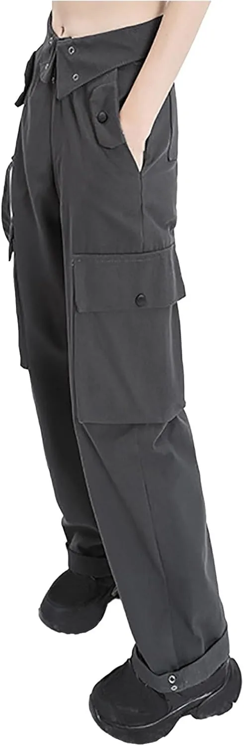 Teen Girls Y2k Cargo Pants Straight Wide Leg Baggy Joggers Fold-Over Waist Stylish Hip Hop Streetwear Hiking Pants