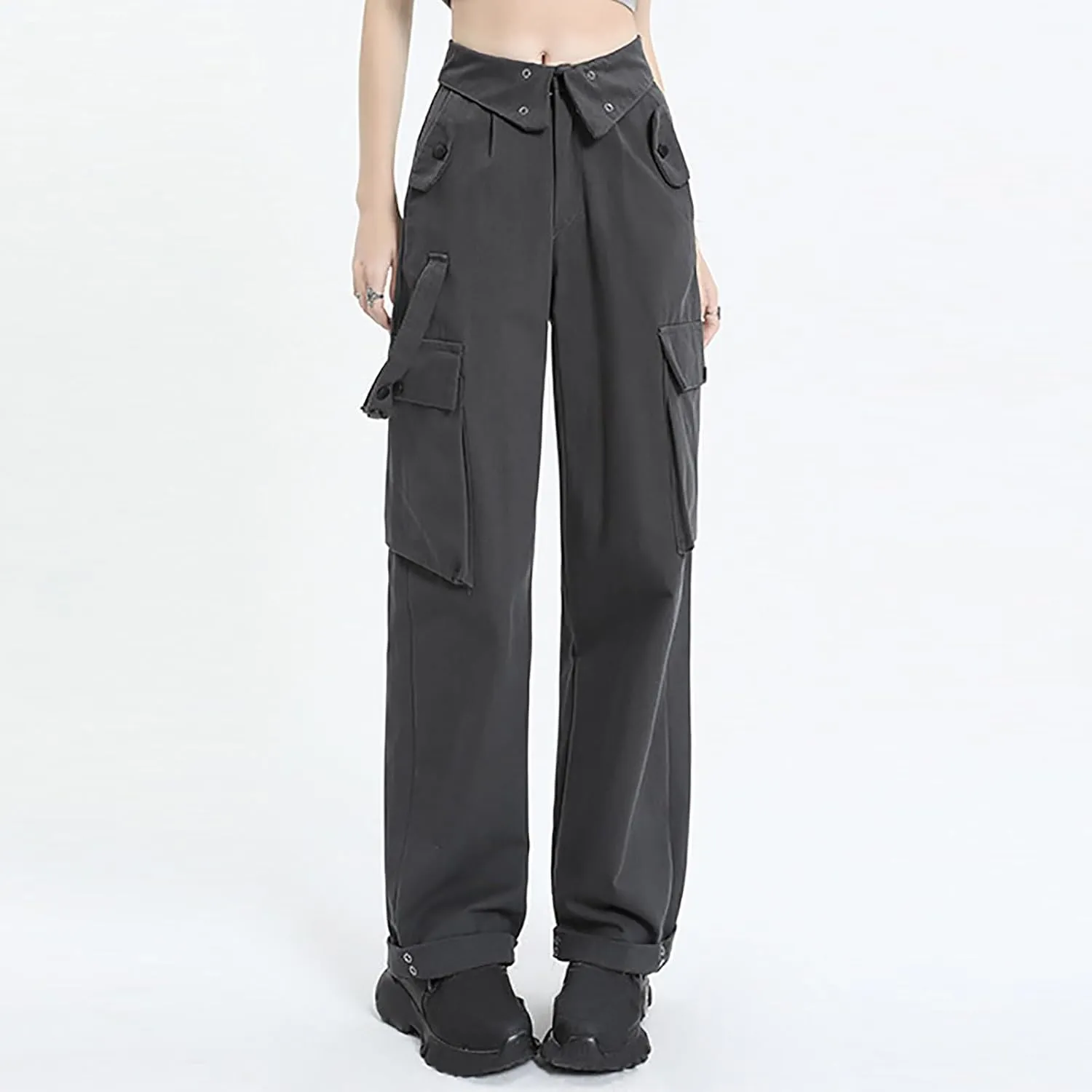 Teen Girls Y2k Cargo Pants Straight Wide Leg Baggy Joggers Fold-Over Waist Stylish Hip Hop Streetwear Hiking Pants