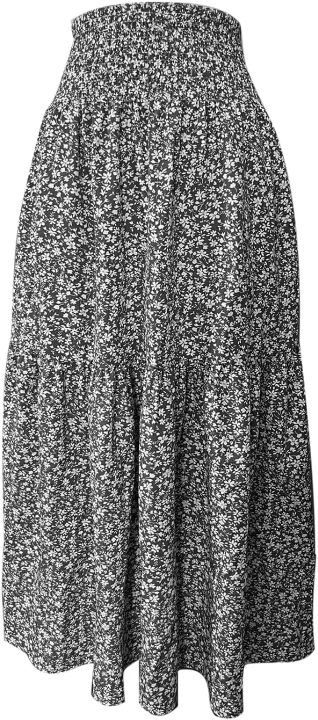 Women Boho Floral Maxi Skirt Elastic High Waist Tiered Pleated Flowy Long Summer Beach Casual Skirt