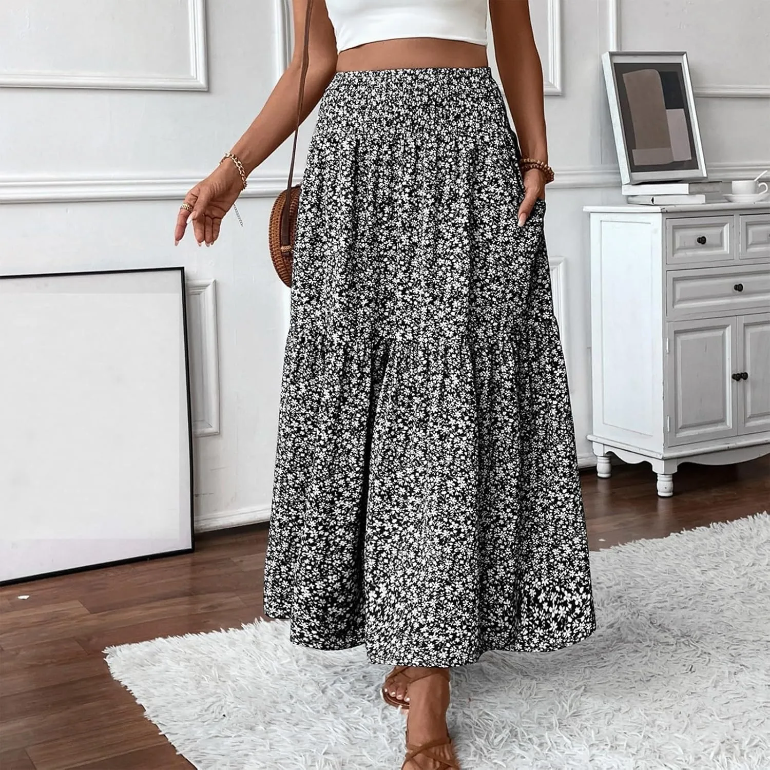 Women Boho Floral Maxi Skirt Elastic High Waist Tiered Pleated Flowy Long Summer Beach Casual Skirt