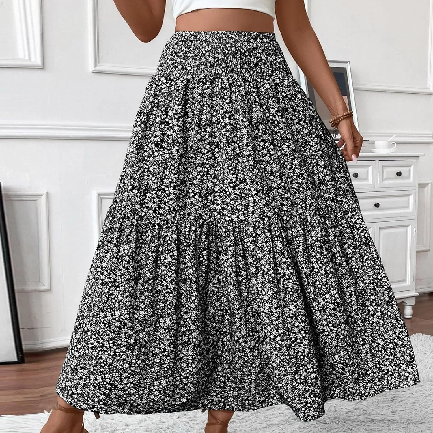 Women Boho Floral Maxi Skirt Elastic High Waist Tiered Pleated Flowy Long Summer Beach Casual Skirt