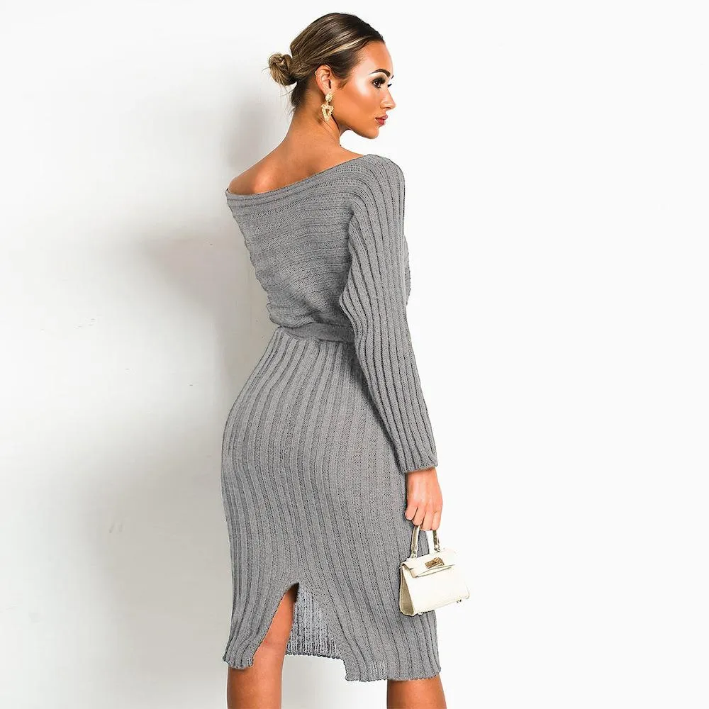 Women Knitting Pullover Lace Up Dresses for Winter