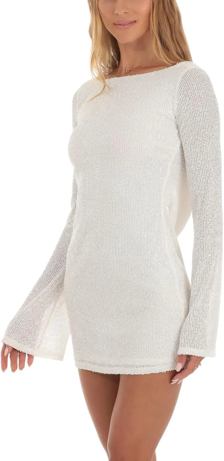 Women Sparkle Sequins Mini Dress Long Sleeve Tie Back Bodycon Dress Shiny Backless Evening Party Dress
