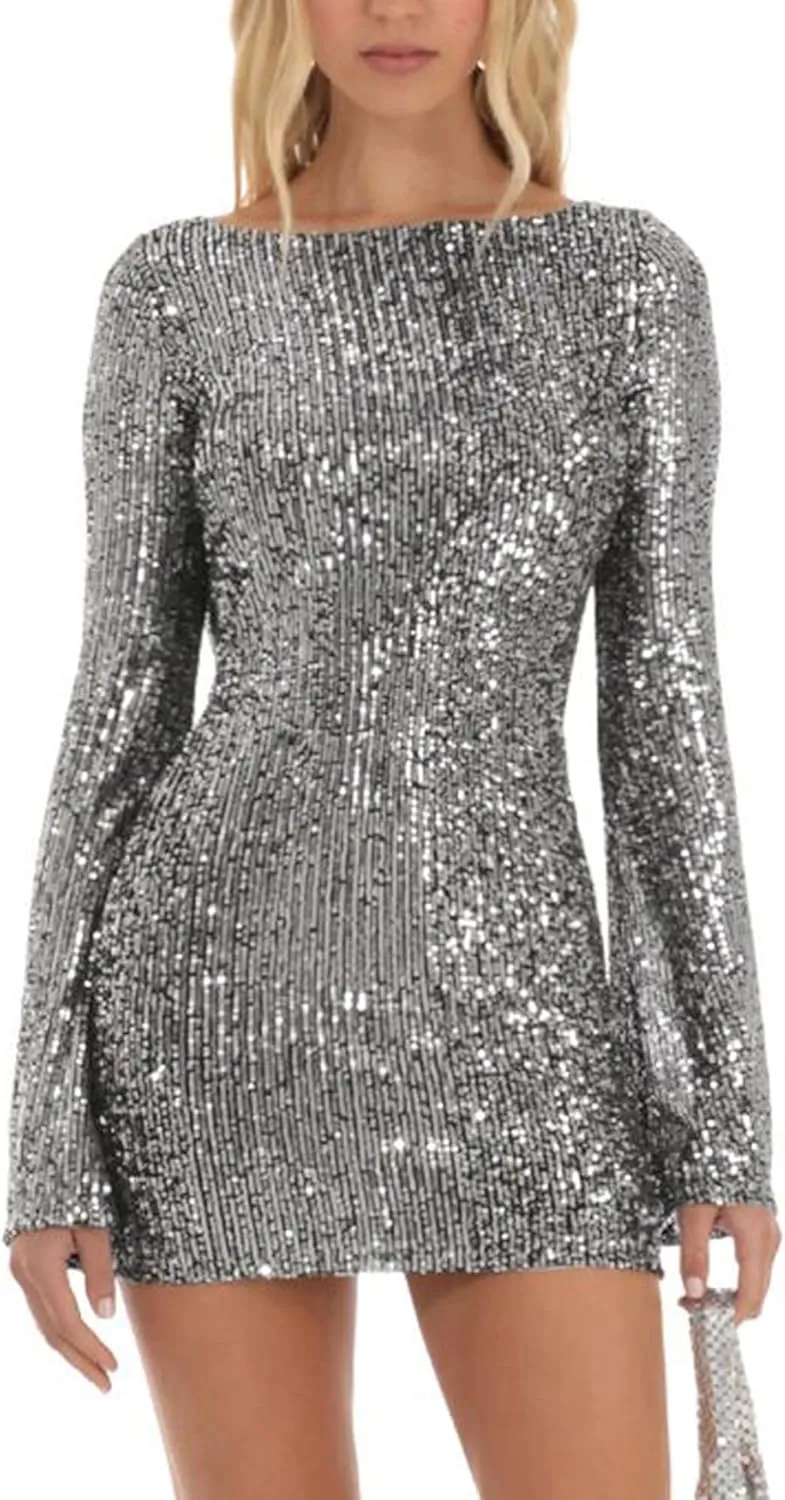 Women Sparkle Sequins Mini Dress Long Sleeve Tie Back Bodycon Dress Shiny Backless Evening Party Dress