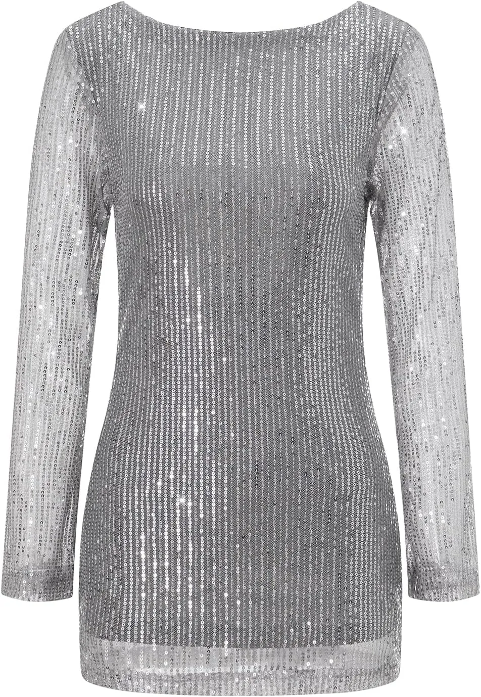Women Sparkle Sequins Mini Dress Long Sleeve Tie Back Bodycon Dress Shiny Backless Evening Party Dress