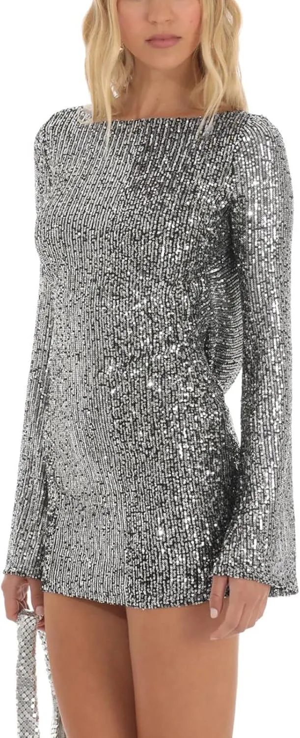 Women Sparkle Sequins Mini Dress Long Sleeve Tie Back Bodycon Dress Shiny Backless Evening Party Dress