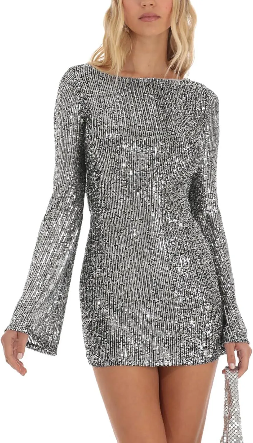Women Sparkle Sequins Mini Dress Long Sleeve Tie Back Bodycon Dress Shiny Backless Evening Party Dress