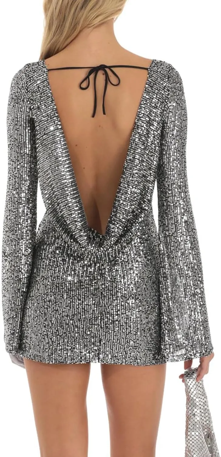 Women Sparkle Sequins Mini Dress Long Sleeve Tie Back Bodycon Dress Shiny Backless Evening Party Dress