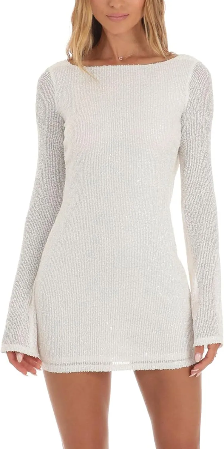 Women Sparkle Sequins Mini Dress Long Sleeve Tie Back Bodycon Dress Shiny Backless Evening Party Dress