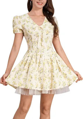 Women Summer Boho Dress V Neck Short Puff Sleeve Pleated Mini Dress Y2k Vintage Floral Ruffle A-line Sundress
