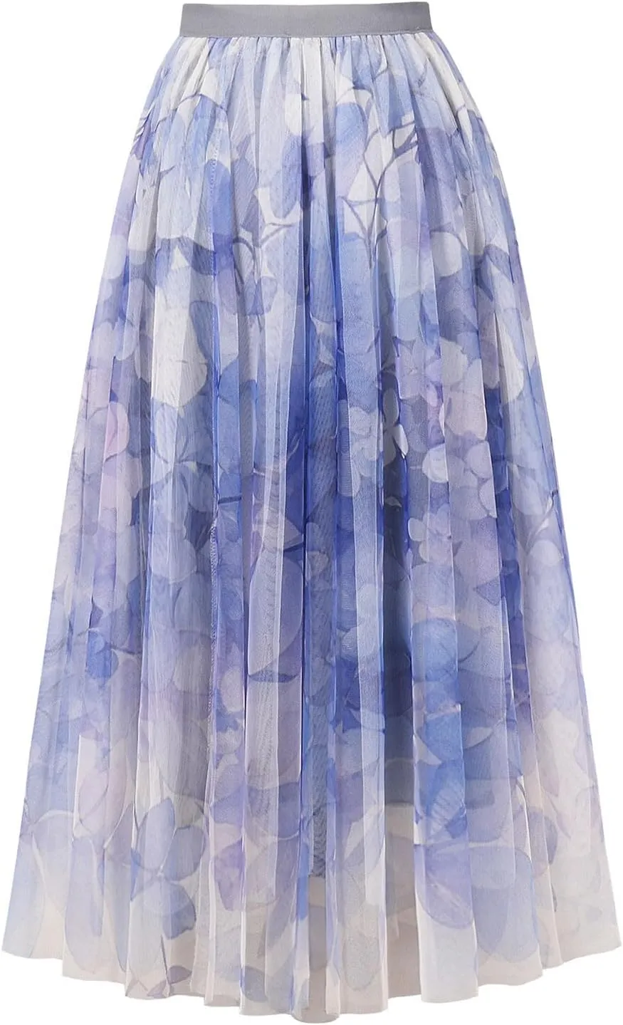 Women Summer Boho Skirts Elastic Waist Floral Beach Maxi Skirt Flowy Pleated Bohemian Skirts Cruise Outfits