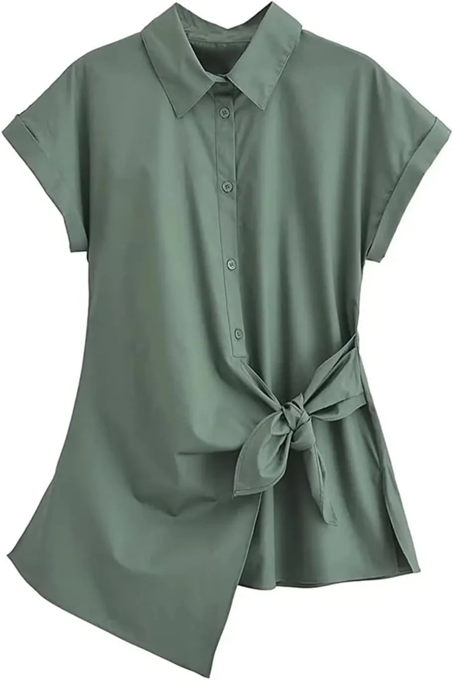 Women's Asymmetric Poplin Shirt Tie Front Lapel Short Sleeve Button Shirt Chic Top