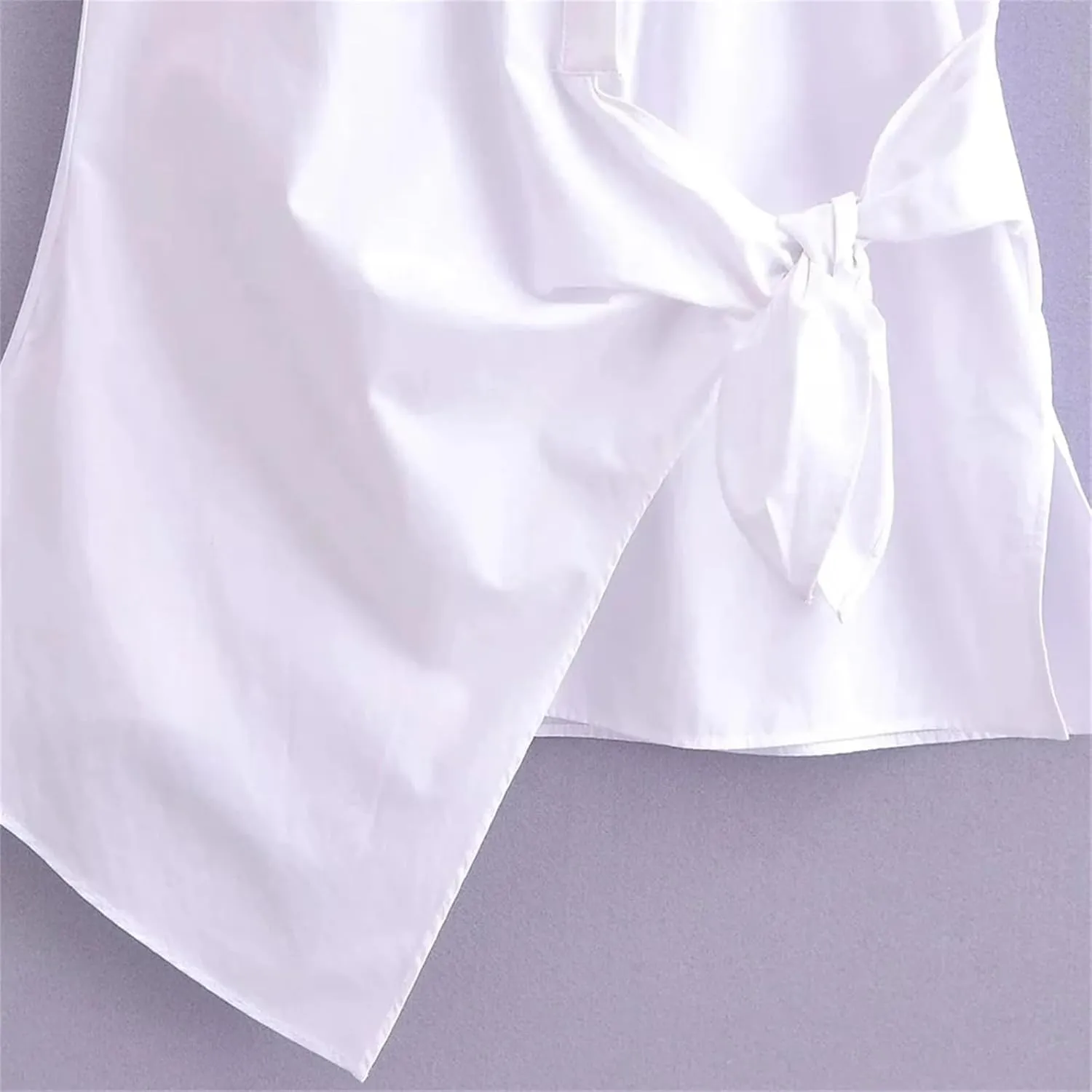 Women's Asymmetric Poplin Shirt Tie Front Lapel Short Sleeve Button Shirt Chic Top