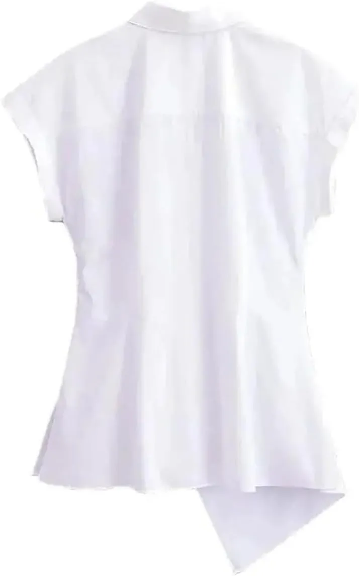 Women's Asymmetric Poplin Shirt Tie Front Lapel Short Sleeve Button Shirt Chic Top