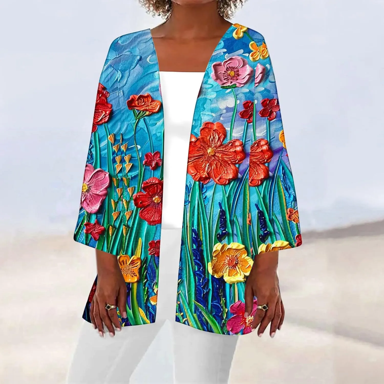 Women's Boho Floral Print 3/4 Sleeve Cardigans Loose Fit Cover Up Casual Blouses Cardigan Vacation Cover Up Tops