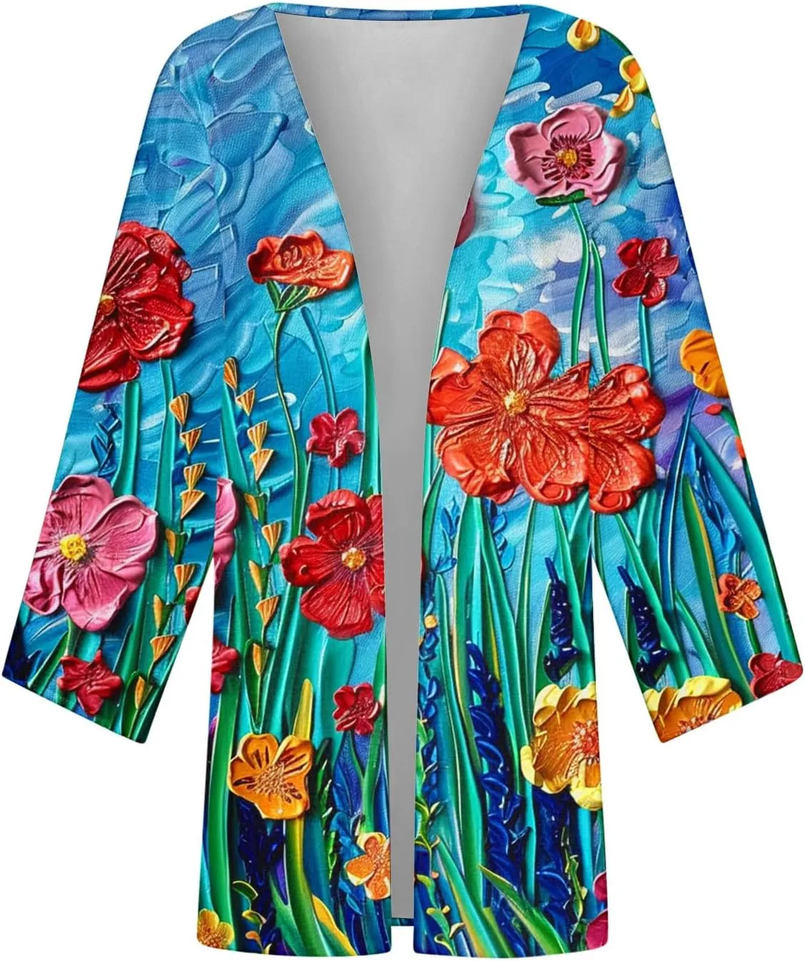Women's Boho Floral Print 3/4 Sleeve Cardigans Loose Fit Cover Up Casual Blouses Cardigan Vacation Cover Up Tops