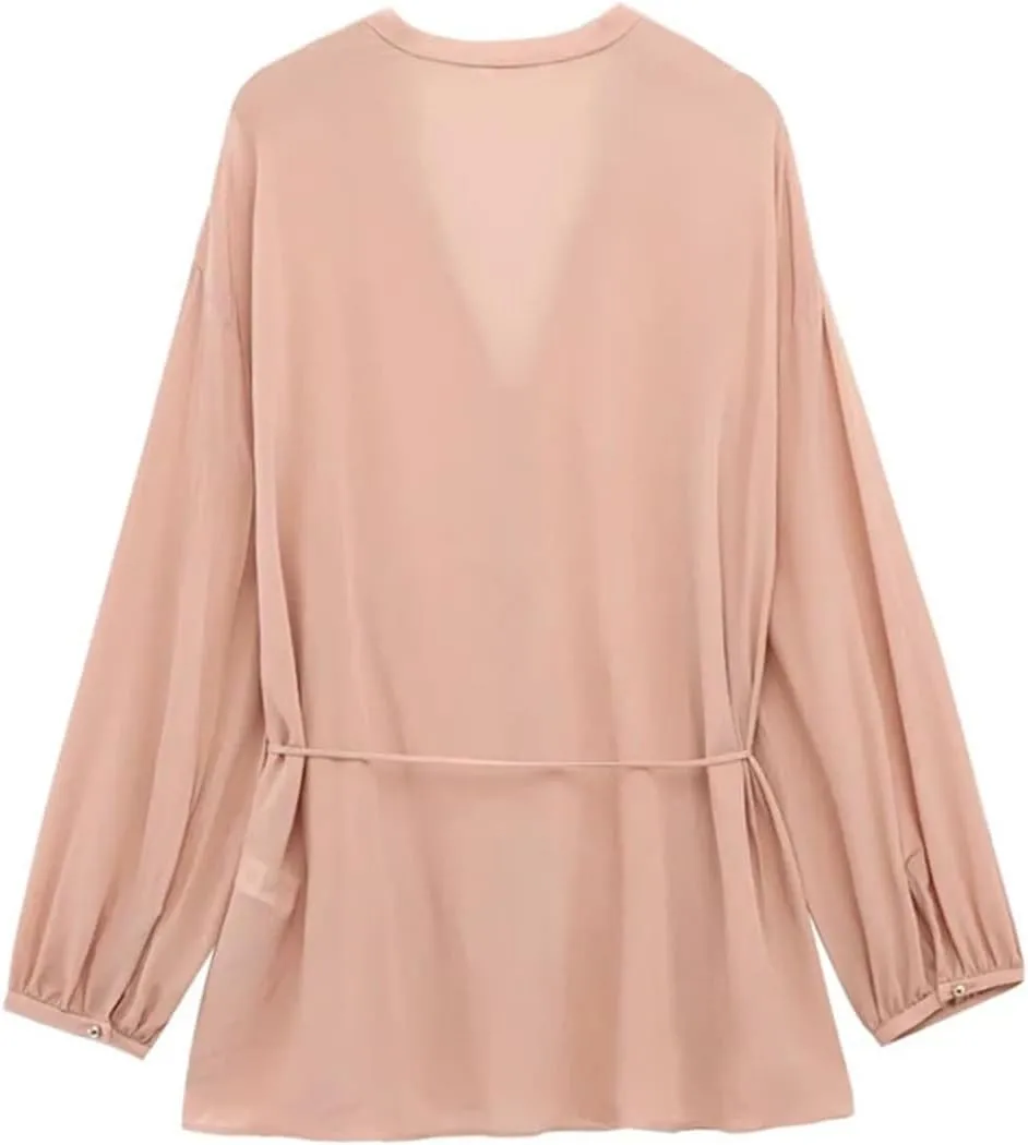 Women's Button Front Shirt V Neck Long Sleeve Casual Lightweight Loose Chic Top