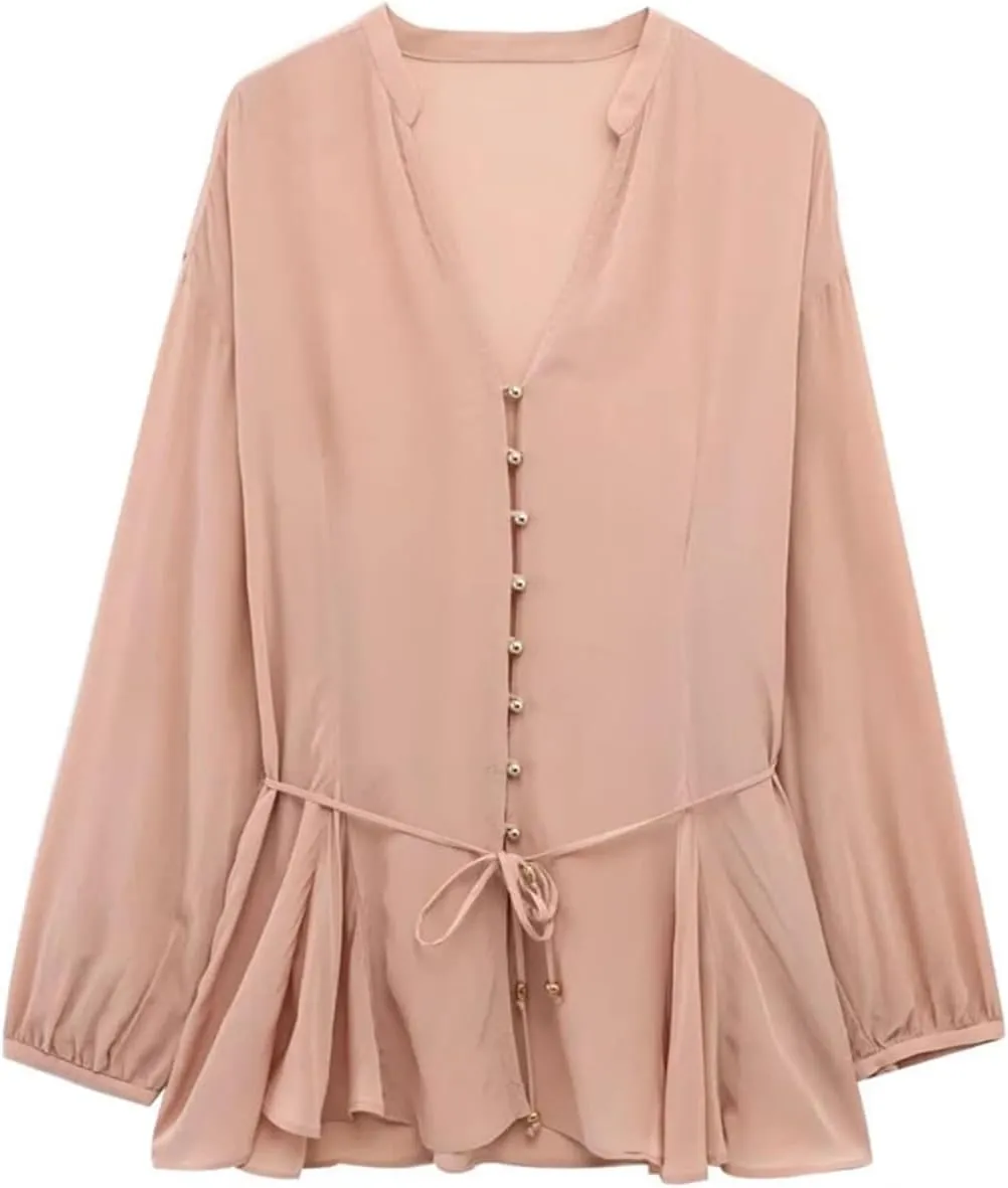 Women's Button Front Shirt V Neck Long Sleeve Casual Lightweight Loose Chic Top