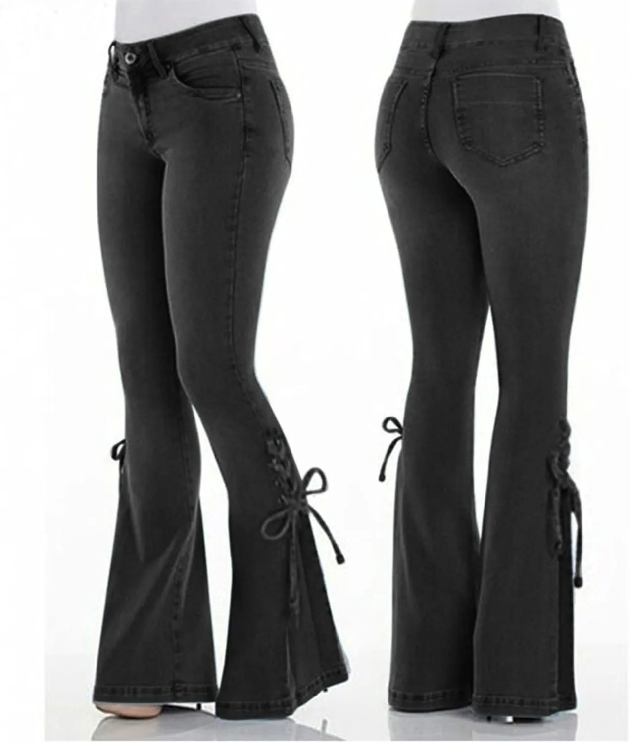 Womens Casual Straight Leg Jeans Classic Stretch Wide Leg Jeans Casual Pull On Ripped Boyfriend Jeans