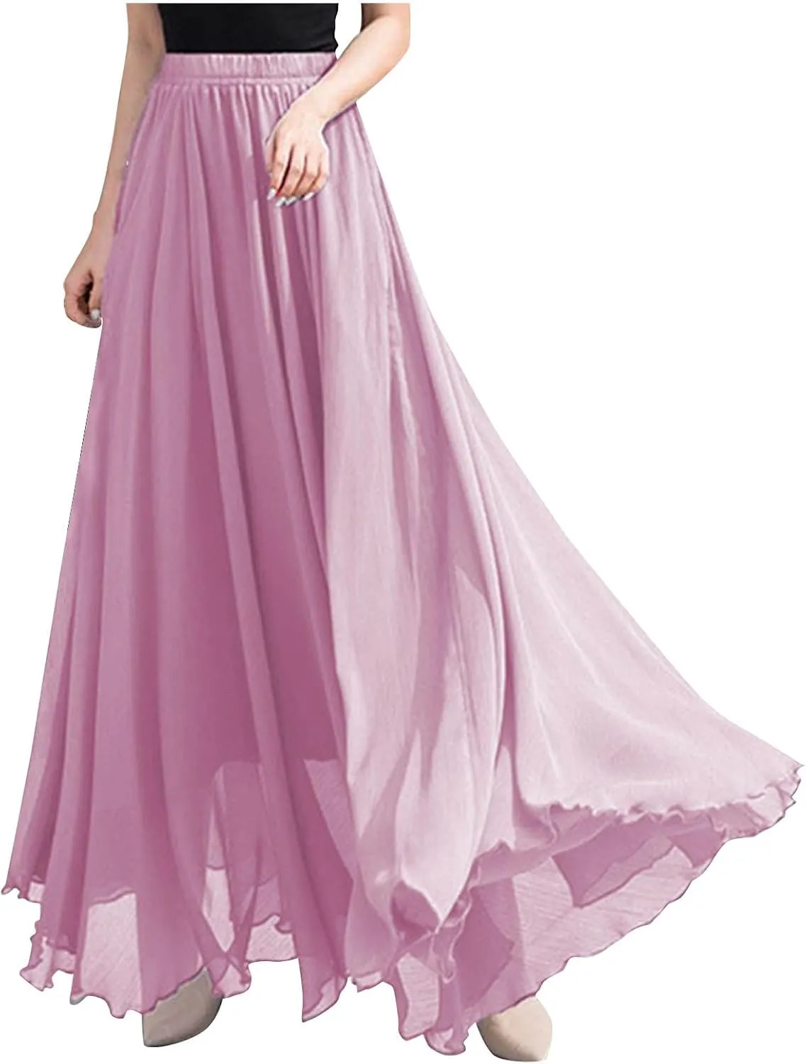 Women's Chiffon Elastic High Waist Pleated A-Line Flared Maxi Skirts Flowy Swing Beach Vacation Long Skirt