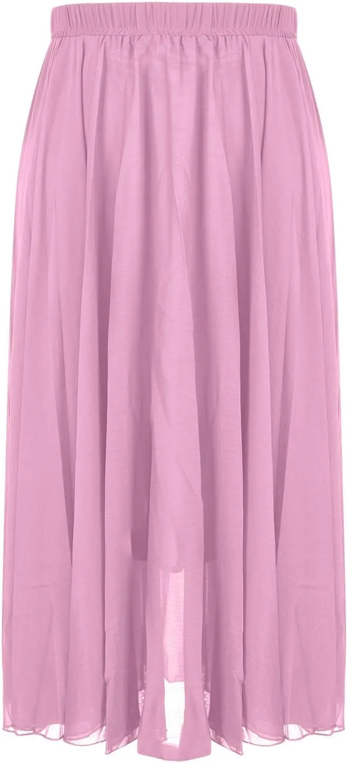Women's Chiffon Elastic High Waist Pleated A-Line Flared Maxi Skirts Flowy Swing Beach Vacation Long Skirt