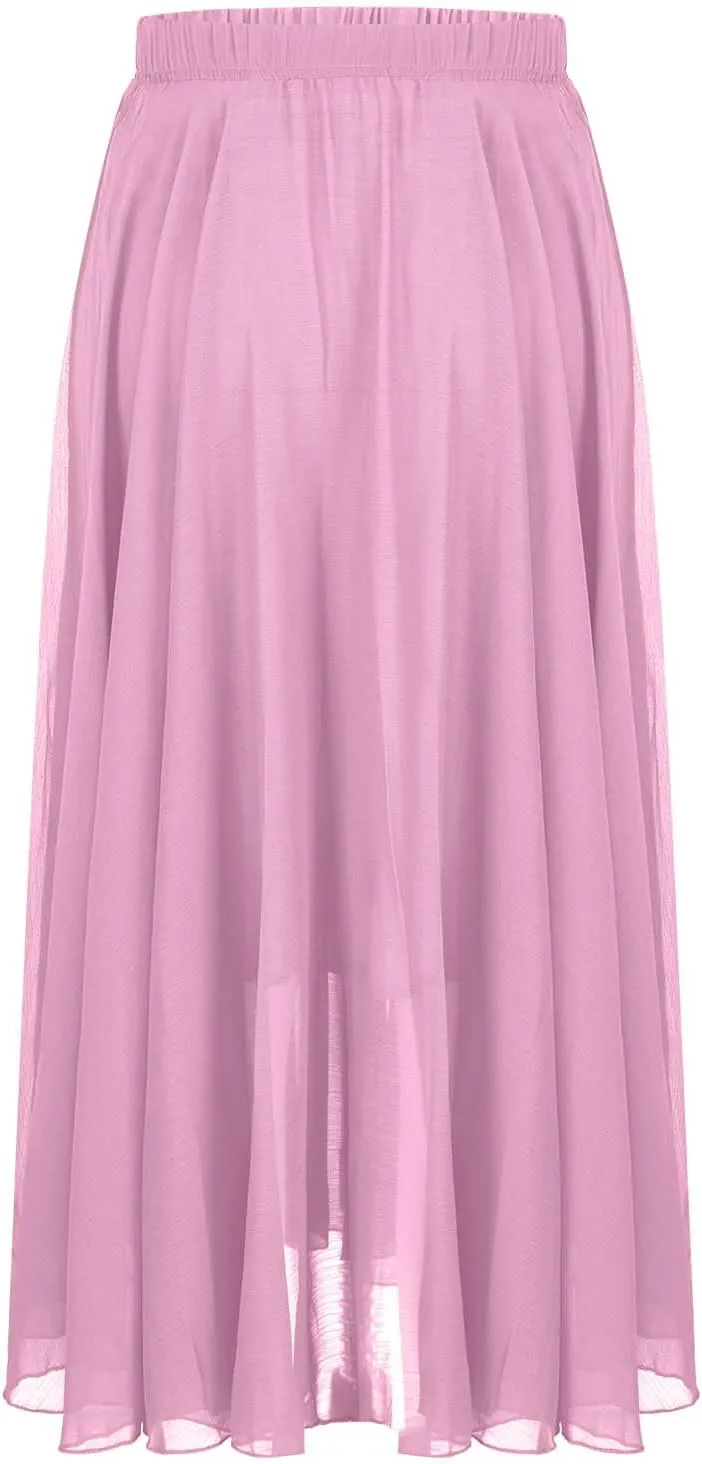 Women's Chiffon Elastic High Waist Pleated A-Line Flared Maxi Skirts Flowy Swing Beach Vacation Long Skirt