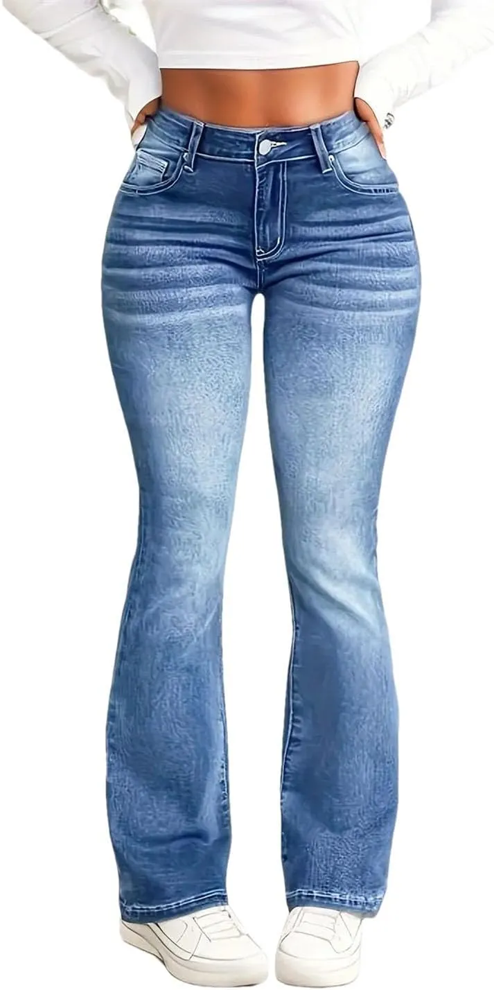 Women's Fashion Stretch Flare Jeans Mid Waist Casual High Street Jeans
