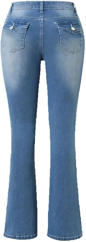 Women's Fashion Stretch Flare Jeans Mid Waist Casual High Street Jeans
