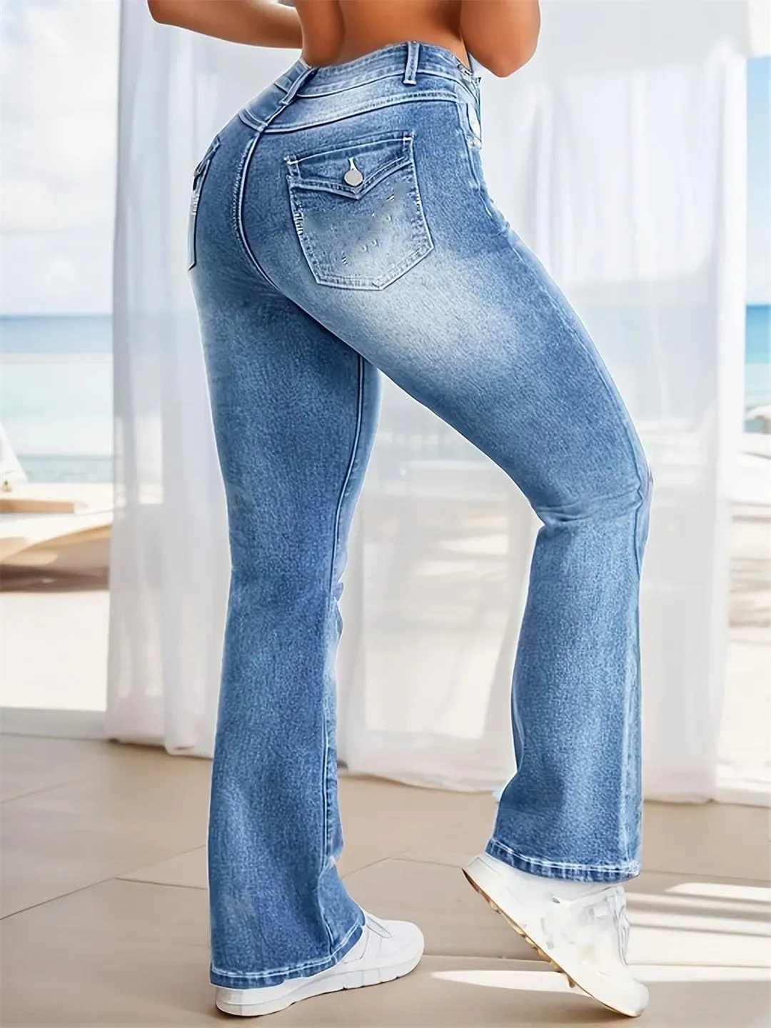 Women's Fashion Stretch Flare Jeans Mid Waist Casual High Street Jeans