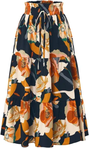 Womens Floral Print Elastic Waist Ruffle Midi Tiered Skirt High Waist Pleated A-Line Flared Maxi Skirts Summer Boho Skirts