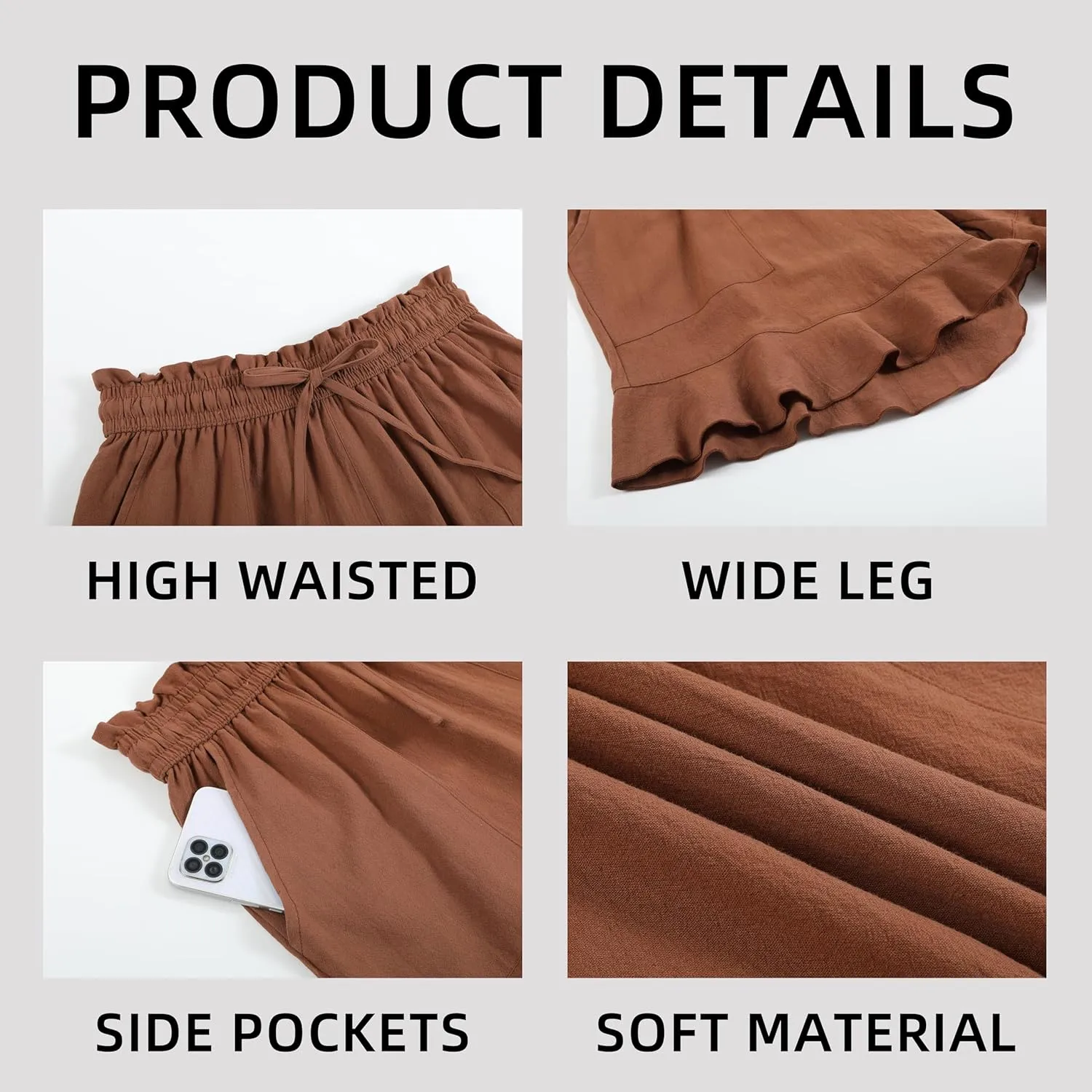 Womens Linen Shorts Wide Leg High Waisted Ruffle Draswtring Summer Beach Flowy Shorts with Pockets