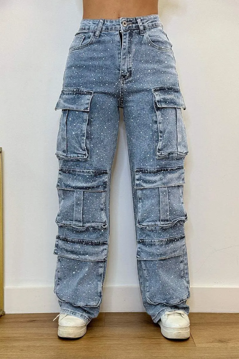 Women's Multi-pocket Rhinestone Casual Jeans