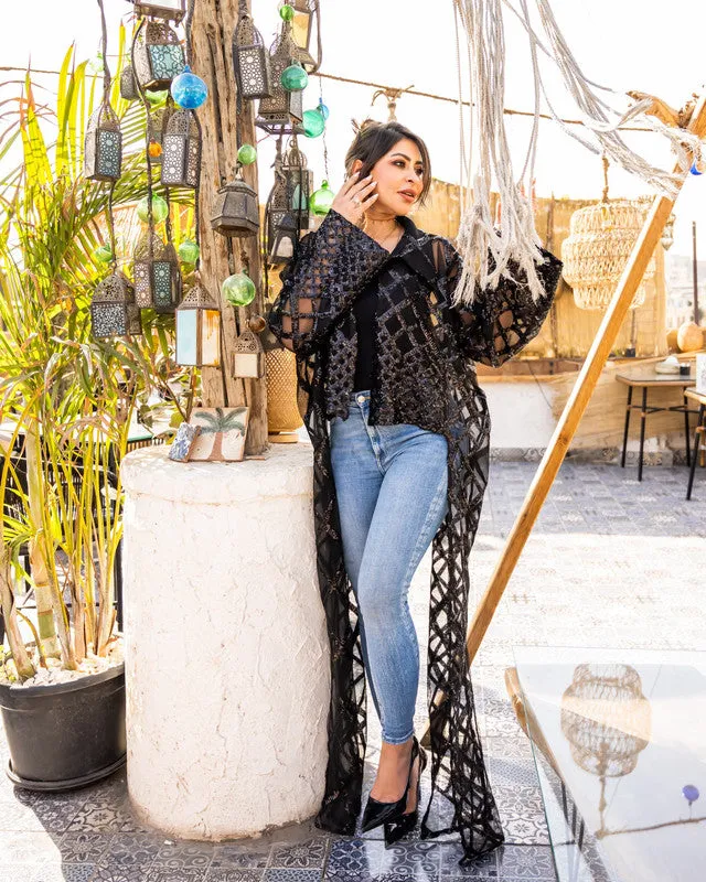 Women's Safi Lace Cardigan - Elegant Black Soiree Top - Made in Egypt - One Size Fit