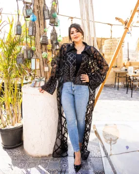 Women's Safi Lace Cardigan - Elegant Black Soiree Top - Made in Egypt - One Size Fit