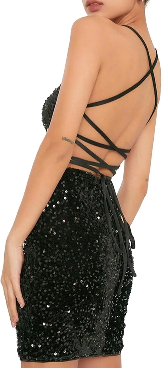 Women's Sequin Bodycon Mini Dress Sparkly Dress Sexy Criss Cross Open Back Short Dress