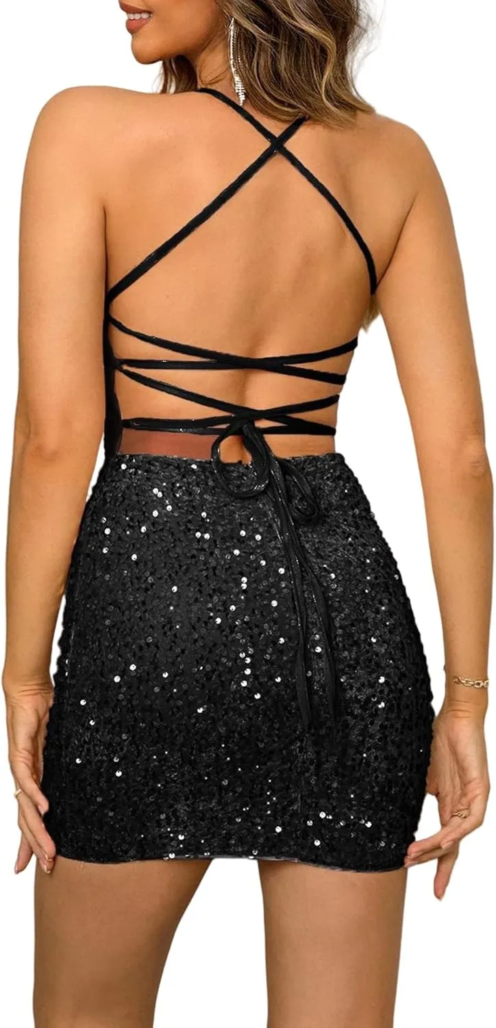 Women's Sequin Bodycon Mini Dress Sparkly Dress Sexy Criss Cross Open Back Short Dress