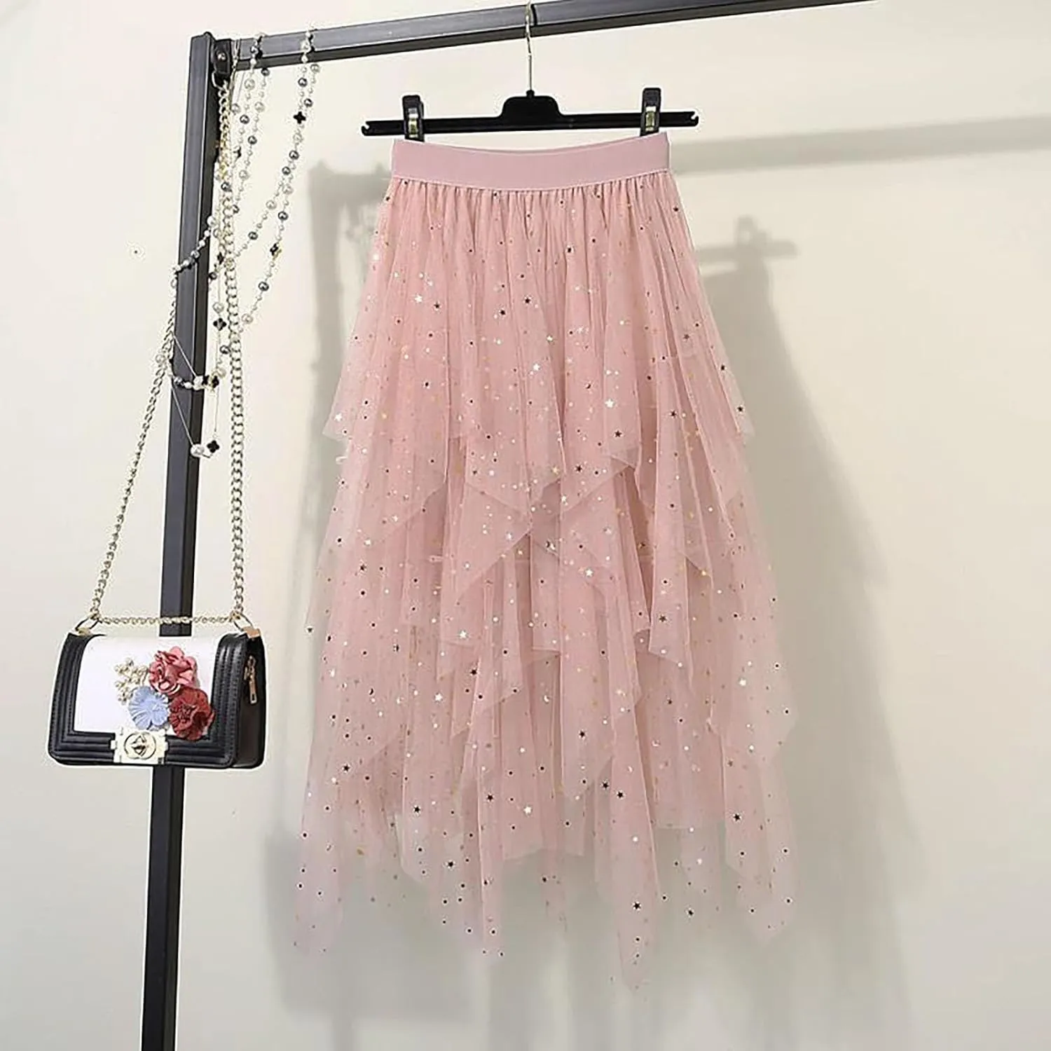 Women's Sequin Mesh Tulle Skirts High Low Layered A-line Skirt Midi Length Irregular Tutu Skirt for Women 2025