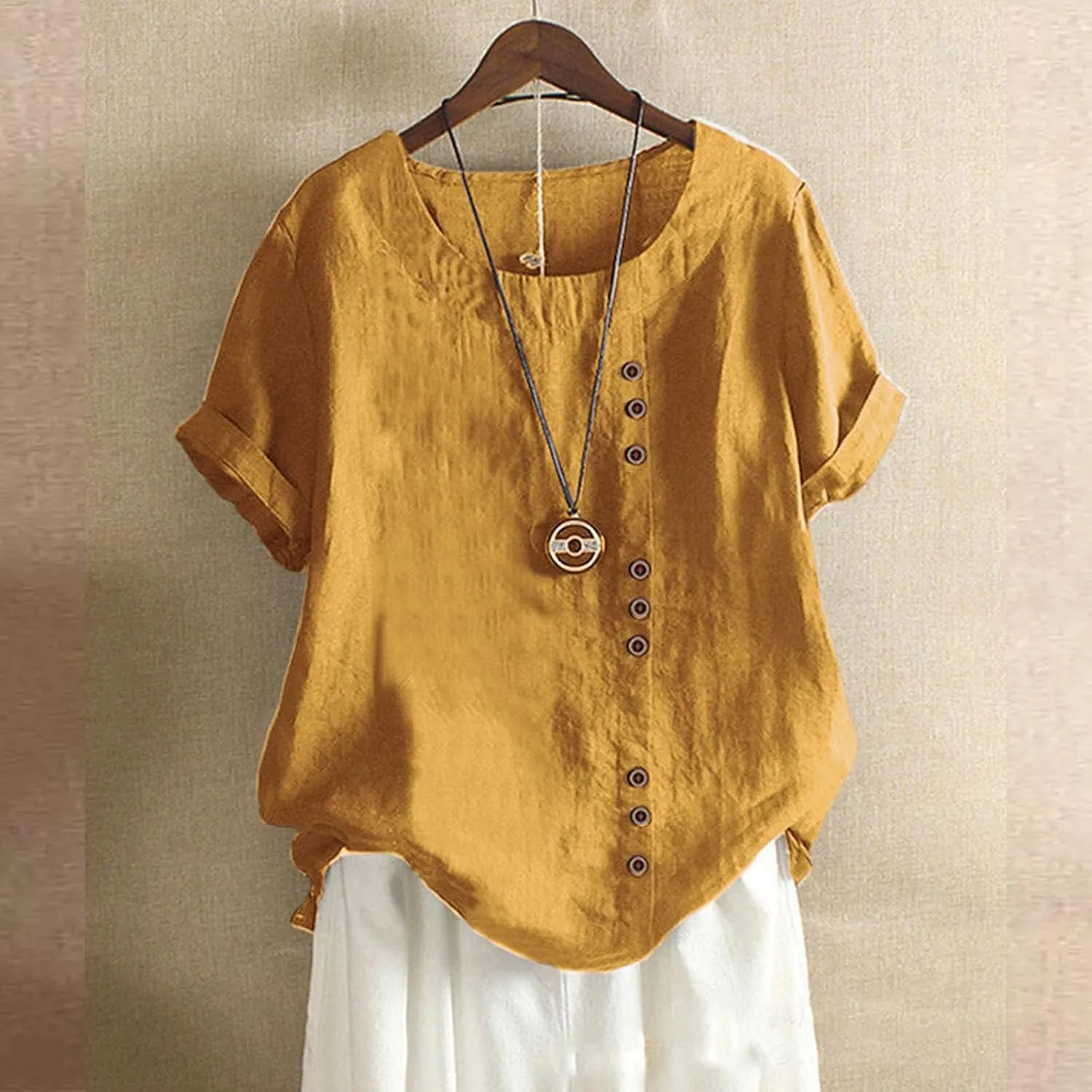 Women's Short Sleeve Cotton Linen Shirts Casual V Neck Soft T-Shirt Button Up Loose Summer Tshirts