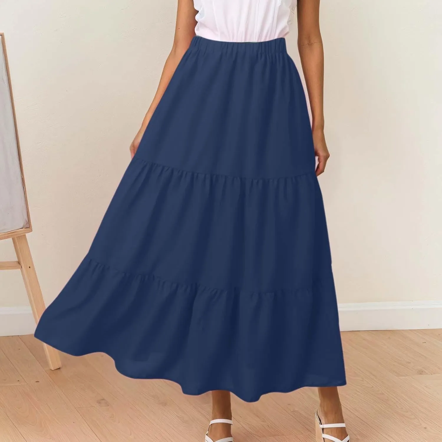 Womens Summer Boho Flowy Swing Tiered A-Line Maxi Skirt 2025 Fashion Trendy Elastic Waist Pleated Long Beach Dress