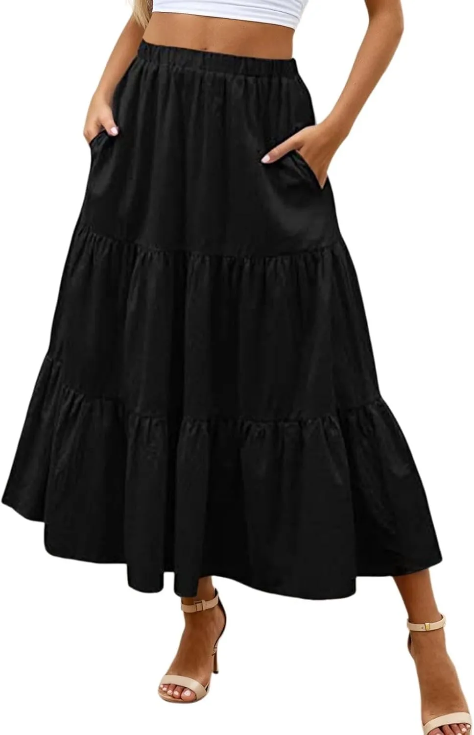 Womens Summer Boho Flowy Swing Tiered A-Line Maxi Skirt 2025 Fashion Trendy Elastic Waist Pleated Long Beach Dress