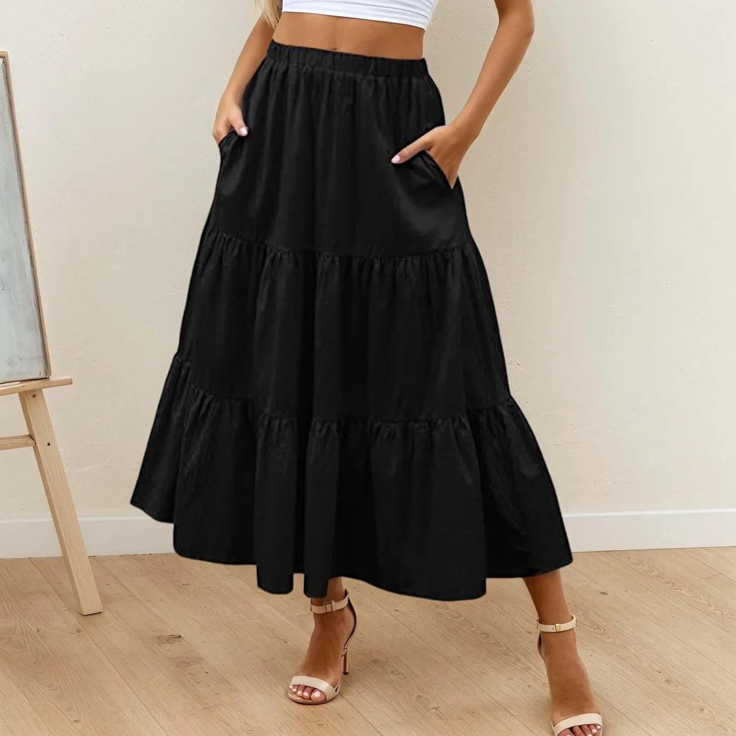 Womens Summer Boho Flowy Swing Tiered A-Line Maxi Skirt 2025 Fashion Trendy Elastic Waist Pleated Long Beach Dress