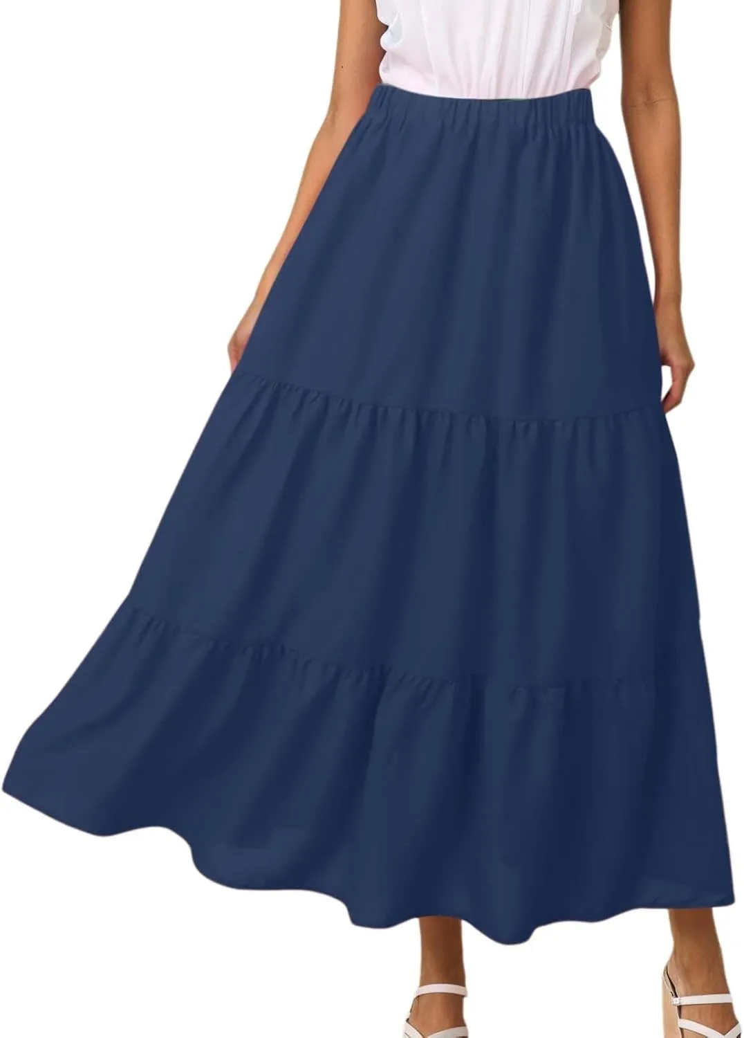 Womens Summer Boho Flowy Swing Tiered A-Line Maxi Skirt 2025 Fashion Trendy Elastic Waist Pleated Long Beach Dress