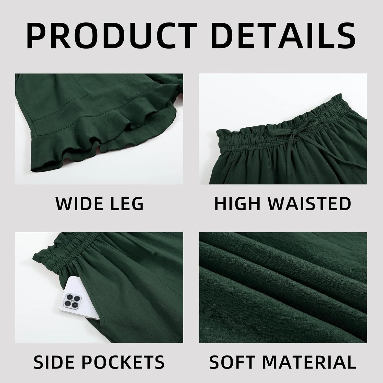 Womens Summer Linen Shorts Wide Leg High Waisted Ruffle Draswtring Beach Flowy Shorts with Pockets